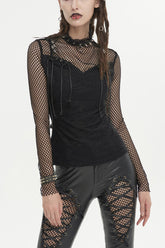 T-shirt Punk Femme en Maille Texturée avec Col Roulé Noir et Bretelles Ajustables Faux